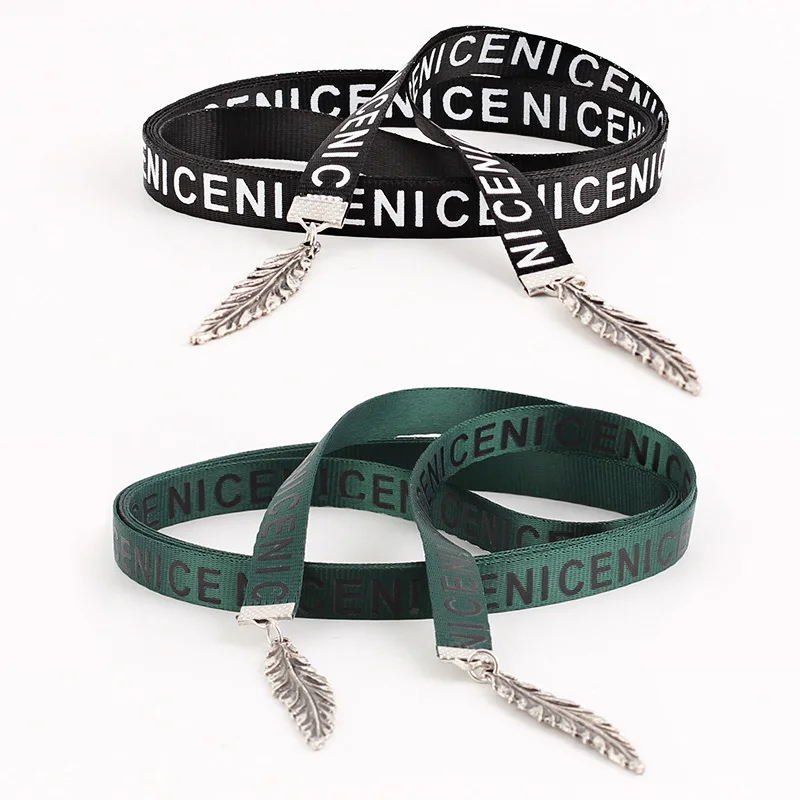 New women's belt Canvas belt lady Wild dress waist chain knotted Extra long thin belt letter Metal leaf decoration Multicolor - Color: black green