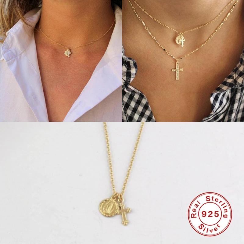 

Canner 925 Sterling Silver Necklace Cross Pendant Clavicle Chain For Women Fine Jewelry Choker Necklace Collares Bijoux 2020