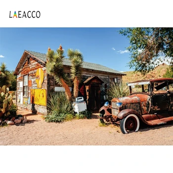 

Laeacco Saloon Old Tractor Car Cactus Desert Blue Sky Natural Scenic Photography Background Photo Backdrop For Photo Studio