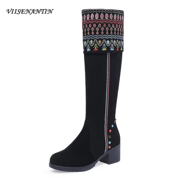 

Chinese Ethnic Style New Round Toe Thick Mid-heel Embroidered Leather High-tube Boots, Retro Frosted Comfortable Sewing Shoes