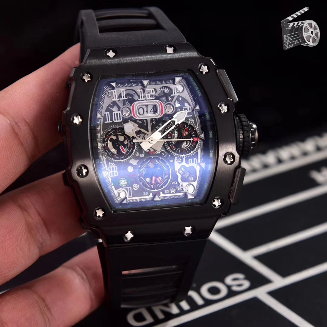 

Luxury Brand New Black Red Rubber Men Watch Sapphire Automatic Mechanical Tourbillion Calendar Glass Back Sport Limited AAA+
