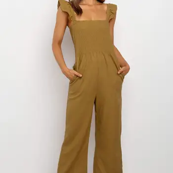 

Women's Solid Color Flying Sleeves Summer Loose Rompers Pocket Long Jumpsuits
