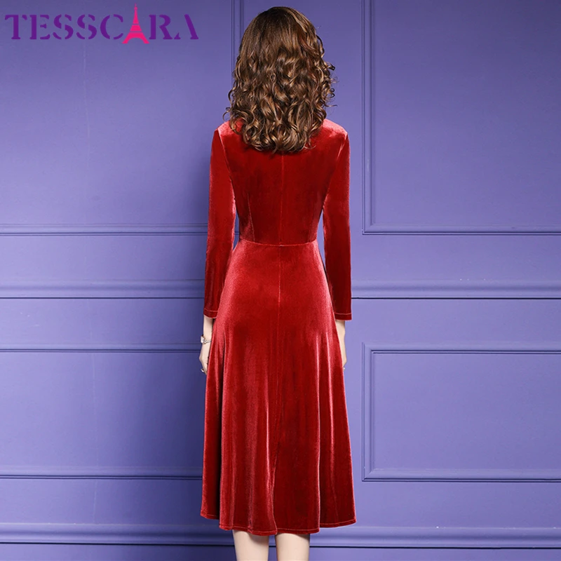 TESSCARA, Женское зимнее роскошное бархатное платье с вышивкой, женские вечерние платья высокого качества с цветочным принтом, винтажные платья