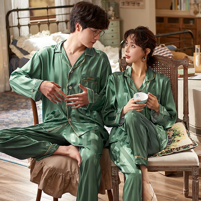 

Summer Lovers Women Men Striped Satin Long Sleeve Pants Pajamas Set 2PCS Pyjamas Suit Couple Sleepwear Nightwear