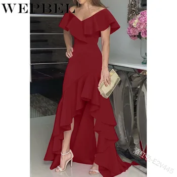 

WEPBEL Summer Casual Fashion Floor-Length Dress Women Solid V-Neck Backless Sleeveless Ruffles Sleeve Irregular Hem Dress