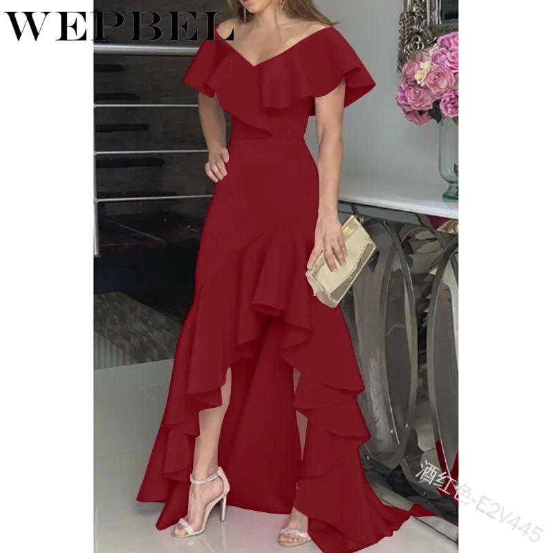 WEPBEL Summer Casual Fashion Floor-Length Dress Women Solid V-Neck Backless Sleeveless Ruffles Sleeve Irregular Hem Dress WEPBEL Summer Casual Fashion Floor-Length Dress Women Solid V-Neck Backless Sleeveless Ruffles Sleeve Irregular Hem Dress