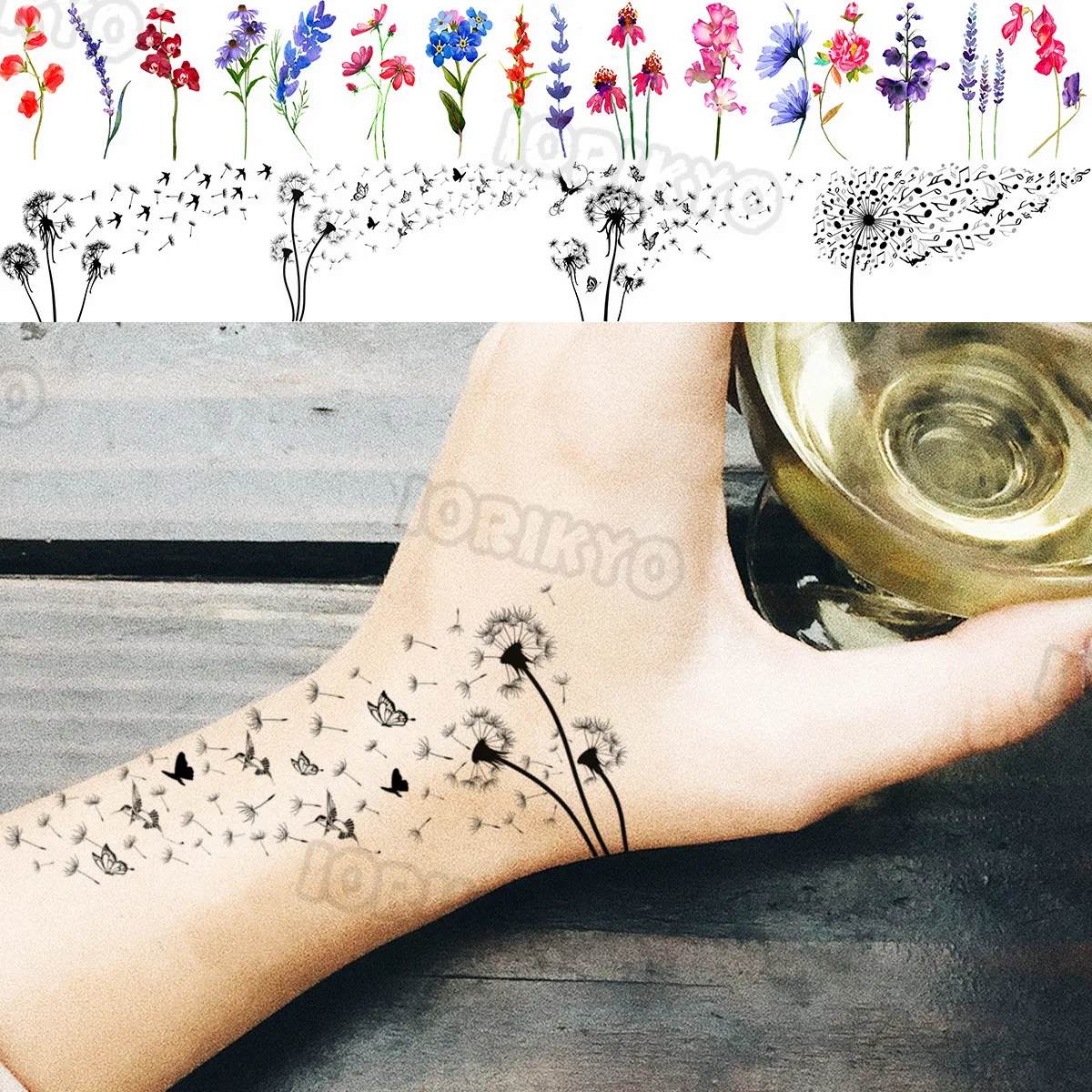 

Black Dandelion Small Temporary Tattoos For Women Girls Realistic Lavender Plum Blossom Fake Tattoo Sticker Arm Tatoos Neck