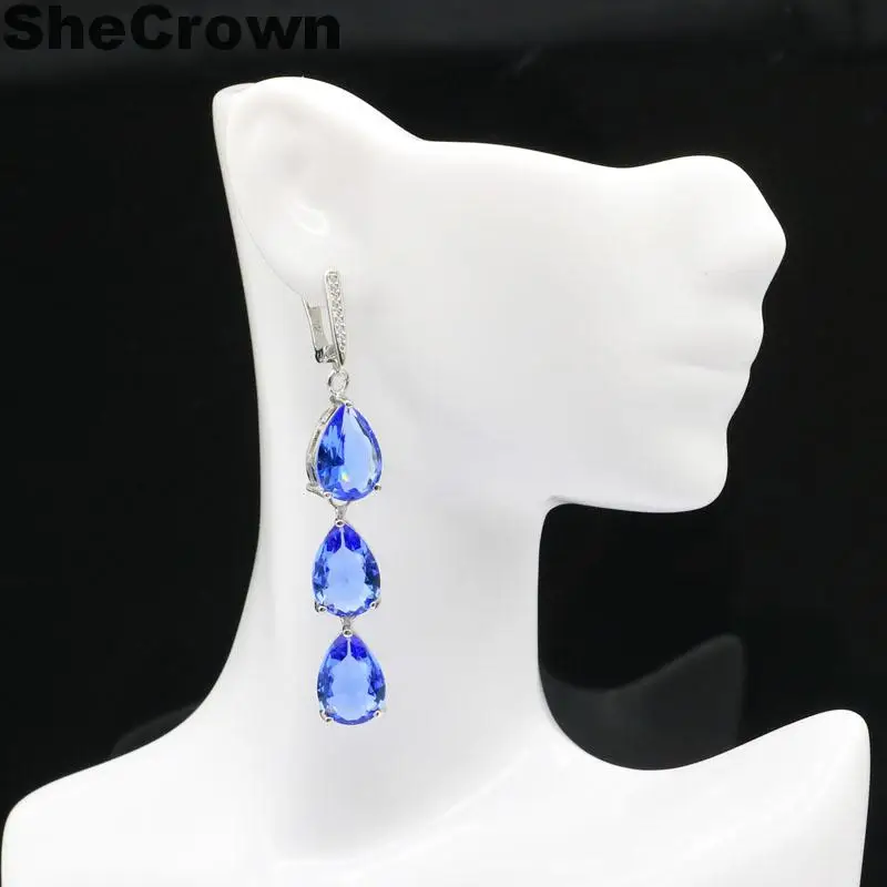 

65x10mm Gorgeous Created Rich Blue Violet Tanzanite CZ Woman's Wedding Silver Earrings