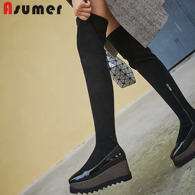 ASUMER/Большие размеры 34-42; новые сапоги из натуральной кожи; сапоги на платформе с круглым носком; Модные эластичные сапоги выше колена на молнии