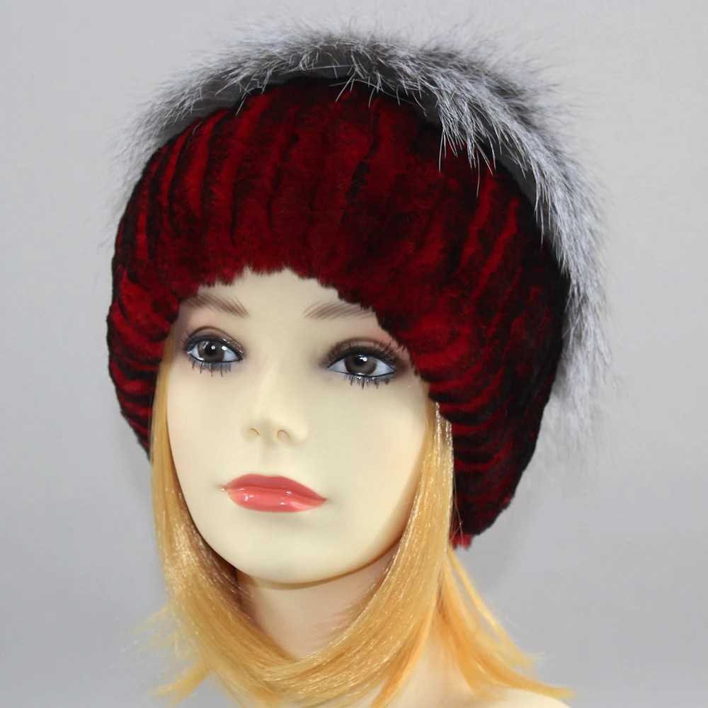 Hot Sell Winter Lady Beanie Hat Women Real Rex Rabbit Fur Hats Knitting Thicken Fur Hat Female Luxury Fox Fur Cap Beanies