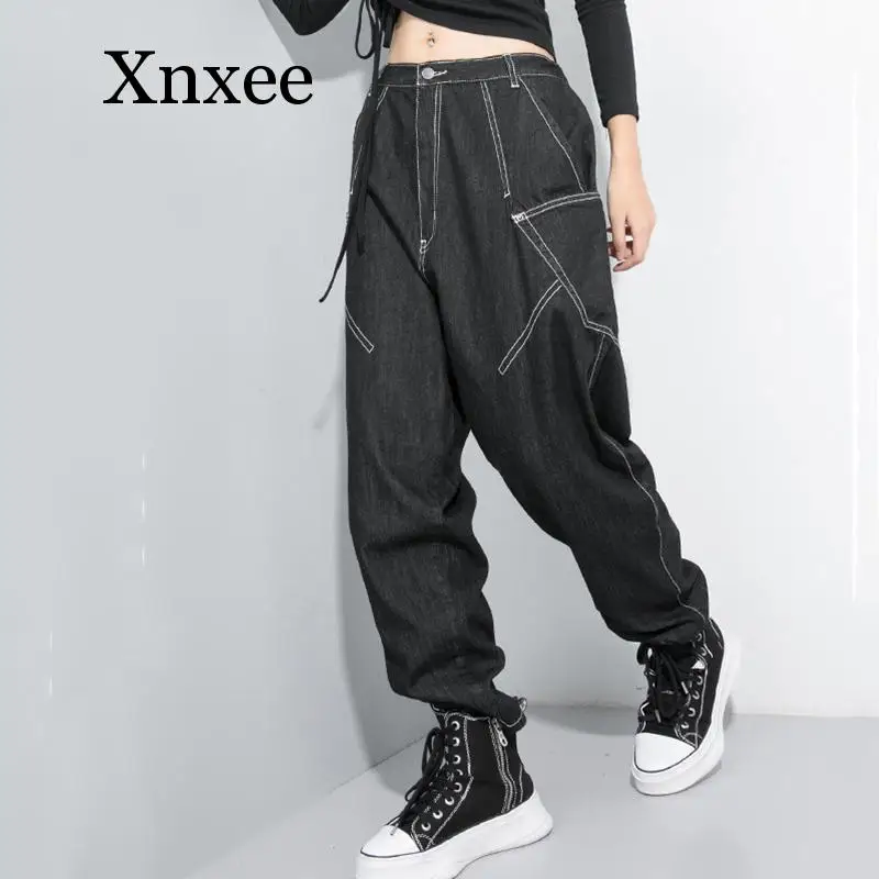 

Женские джинсы-шаровары с карманами, черные свободные брюки в стиле панк с высокой эластичной талией, весна-осень 2020