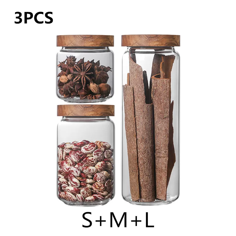 3PCS Пылезащитные герметичные стеклянные банки бутылки для хранения с бамбуковой крышкой влагостойкие домашние кухонные термостойкие емкости баночки для хранения - Цвет: 3PCS