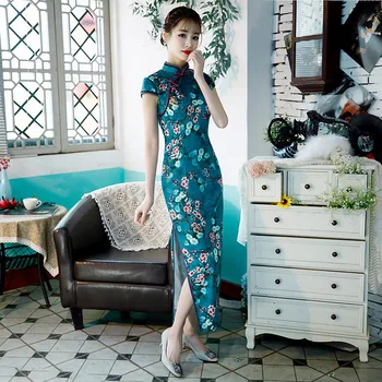 

FZSLCYIYI Vintage Chinese Style Print Qipao Long Handmade Button Cheongsam Dress Women Mandarin Collar Traditional Dress