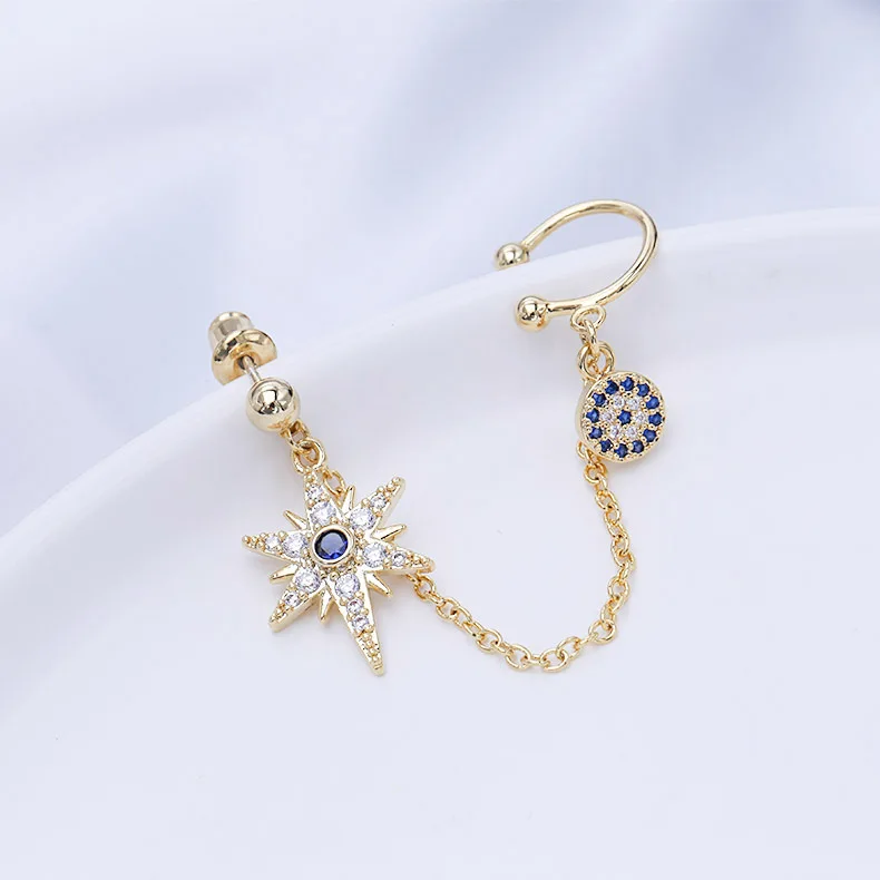 New Trend Cubic Zirconia Blue Eye And Star Asymmetric Earrings Luxury Brand Design Long Earrings For Women Fashion Jewelry