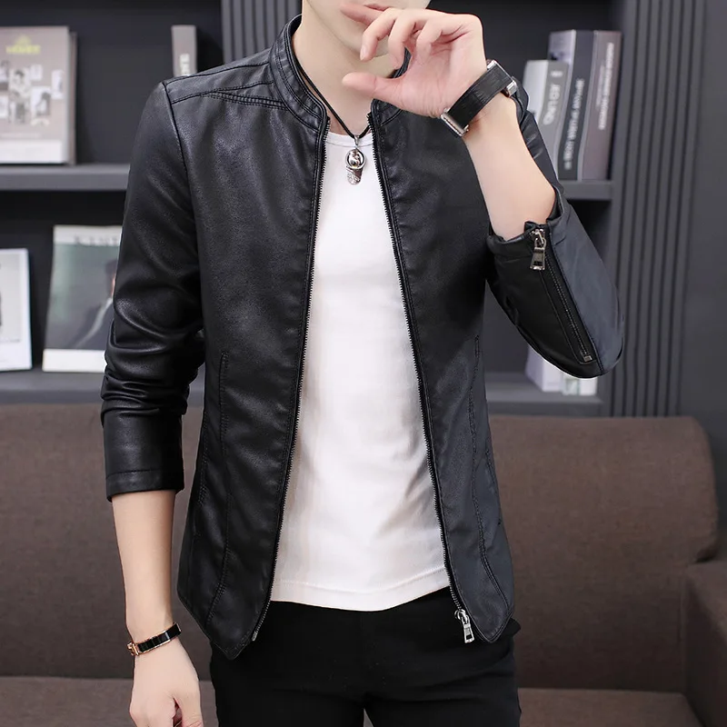 Men's Casual PU Leather Fashion Korean-style Stand Collar Teenager Leather Jacket Slim Fit Fashion plus Velvet Warm MEN'S Outerw