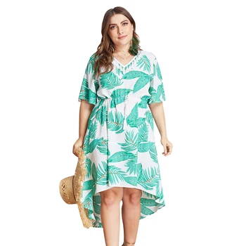 

Summer new fashion women's printed V-neck tassel loose short-sleeved dress long large size 1XL-4XL bohemian clothing