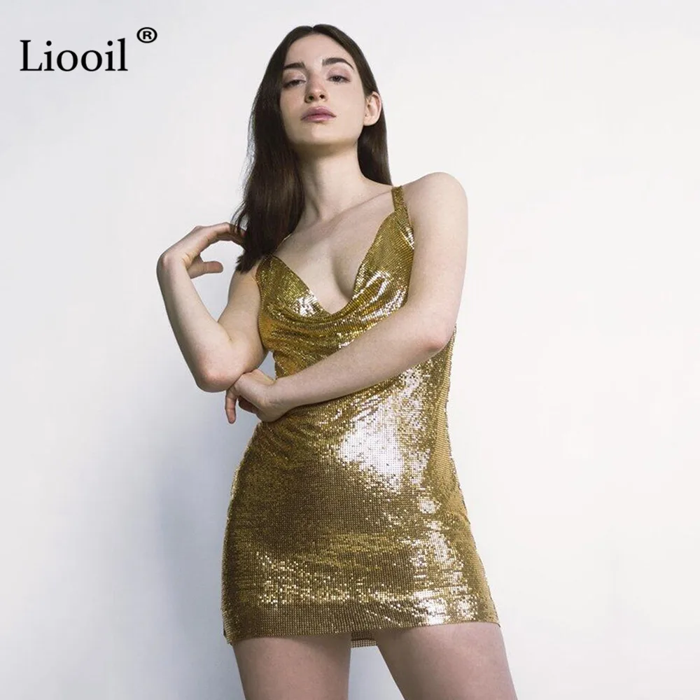 Liooil, золотое, серебряное, с блестками, с открытой спиной, женское мини-платье, сексуальная клубная одежда, наряды, без рукавов, v-образный вырез, вечерние, для ночного клуба, черные платья