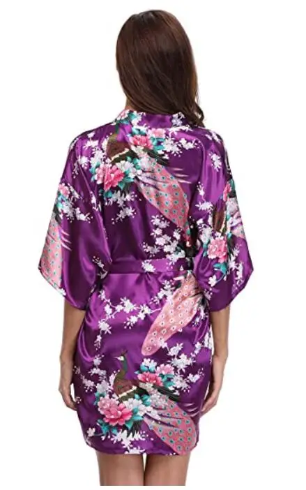 Female Printed Floral Kimono Dress Gown Chinese Style Silk Satin Nightgown S M L XL XXL