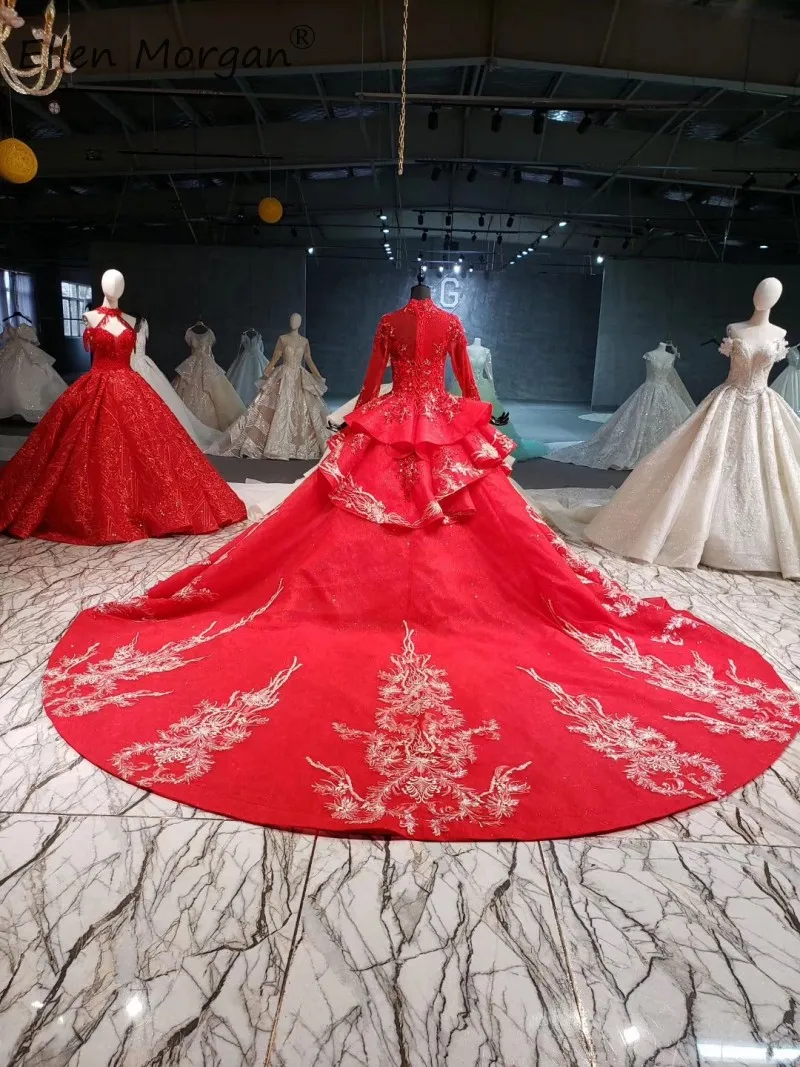 Арабское роскошное в мусульманском стиле с длинным рукавом красное свадебное платье Vestido de Novia с высоким воротом кружевное элегантное винтажное бальное платье для невесты