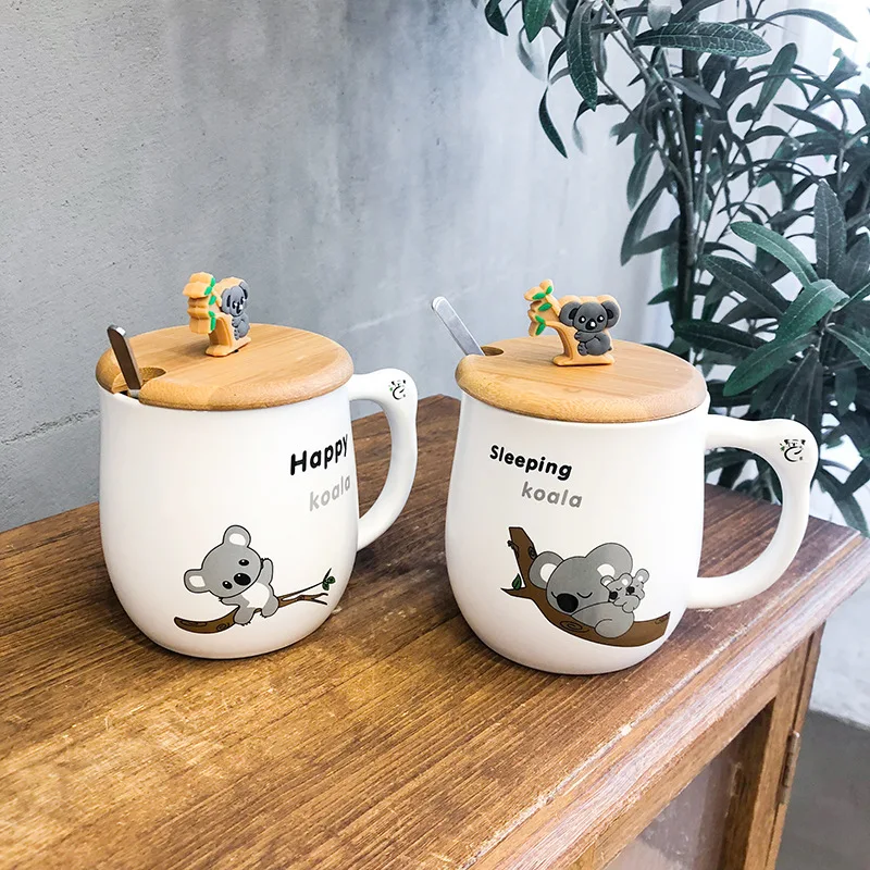 Cartoon animal wooden cover with spoon koala ceramic mug creative