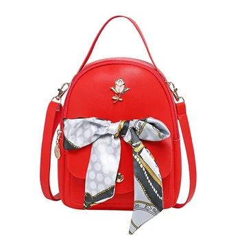 

Zippered School Women Backpack Silk Scarf Bowtie Shoulder Bag Adjustable Straps PU Leather Travel Fashion Casual Umbrella