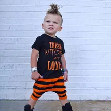 Модные топы для маленьких мальчиков на Хэллоуин; рубашка для маленьких мальчиков; топы с буквенным принтом; короткие шорты; одежда