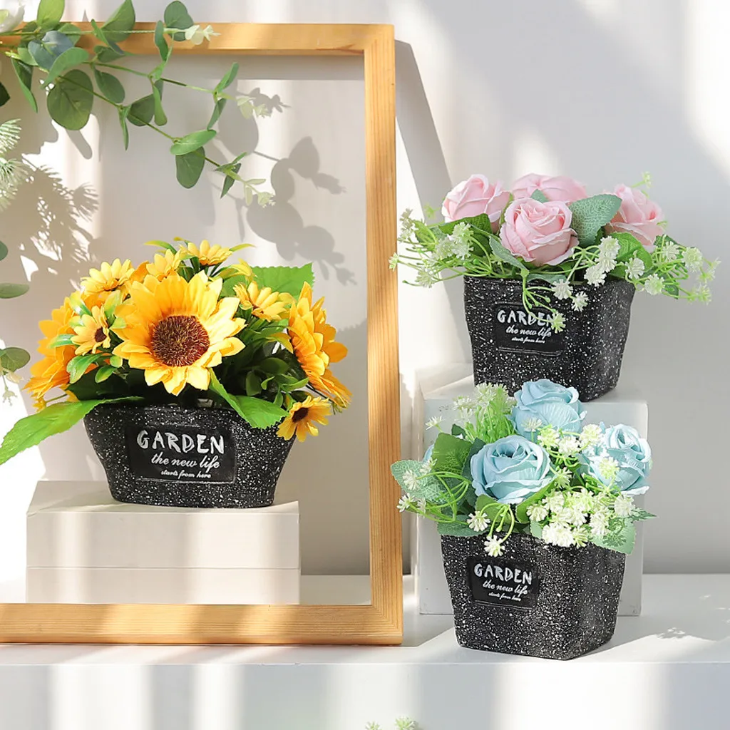

Living Room Tabletop Fake Flower Plant Set With Potted Artificial Flowers