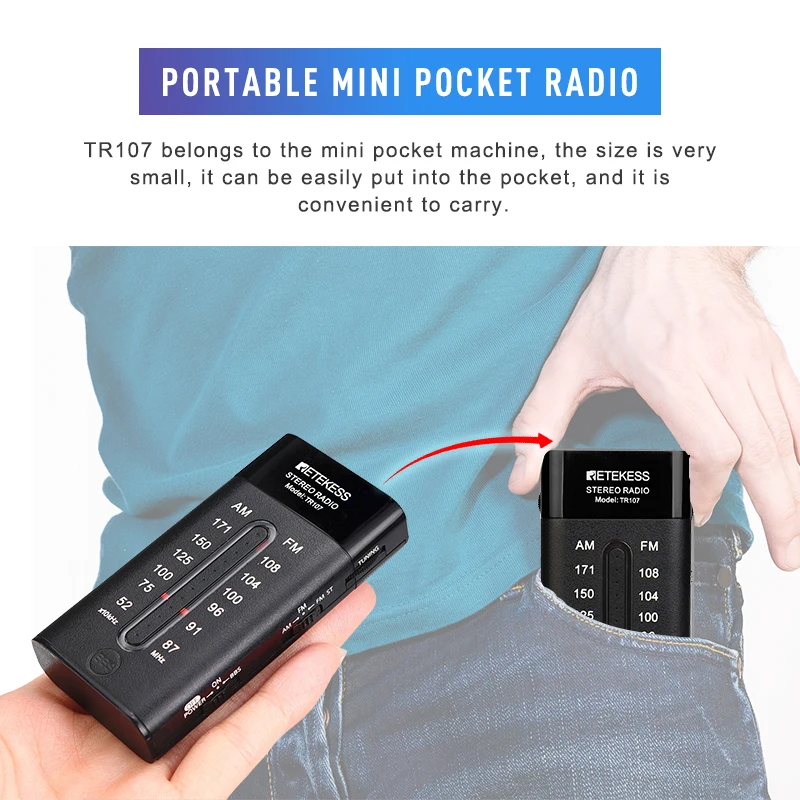 Includes Headphones Pocket FM Receiver with Stereo and Bass Black Retekess TR107 Portable Radio AM FM Small Radio AAA Battery Operated for Walking Includes Headphones Pocket FM Receiver with Stereo and Bass Black Retekess TR107 Portable Radio AM FM Small Radio AAA Battery Operated for Walking