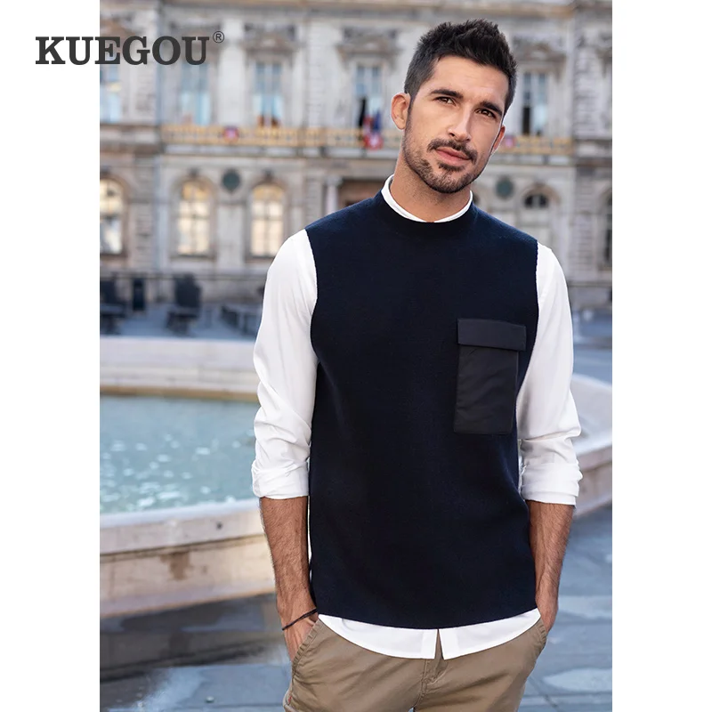 KUEGOU-ropa de otoño para hombre, suéter con bolsillo en el pecho, chaleco sin mangas de moda, jerséis de punto de retales, Top de talla grande, 2205