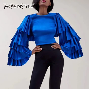 

TWOTWINSTYLE Casual Ruched Women's Blouses O Neck Butterfly Long Sleeve Loose Shirts For Female Fashion 2020 Clothing Tide