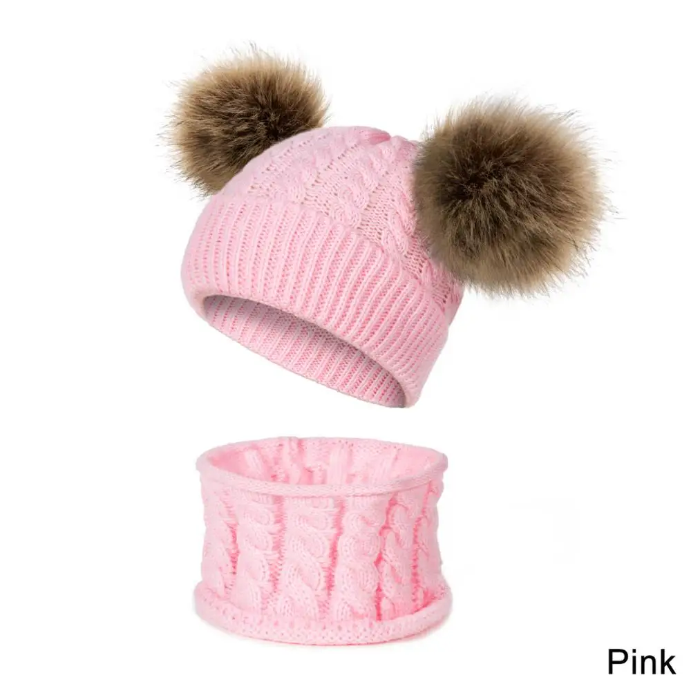 pink2 New Arrival Children Winter Thicken Braided Knitted Hat Scarf Set Solid Color Cute Fluffy Pompom Ball Beanies Scarf Set - Цвет: pink2