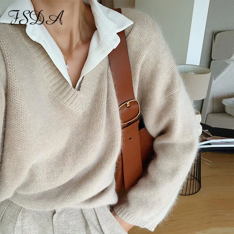 Женский свободный свитер FSDA с v-образным вырезом и длинным рукавом сексуальный