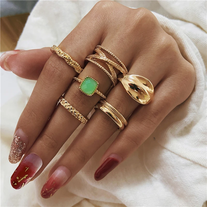 Ring Set Finger Rings Women Girl Gift  Chain Finger Rings Women - Gold  Color Rings - Aliexpress