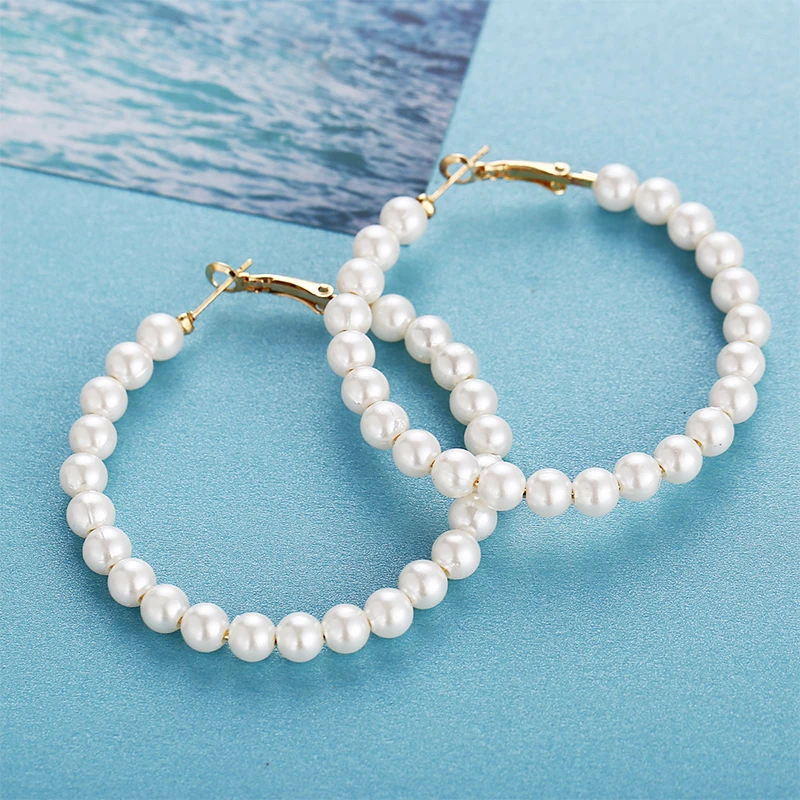 QCOOLJLY Oversize Pearl Hoop Earrings For Women Girl Unique Big Circle Earring Brinco Statement Fashion Jewelry | Украшения и