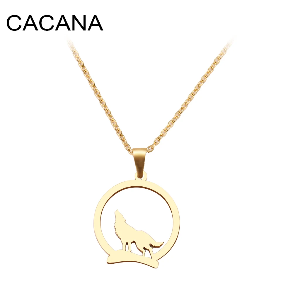 

CACANA Stainless Steel Necklace For Women Man Wolf On The Hill Pendant Choker Necklace Engagement Jewelry
