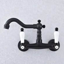 Kitchen Wet Bar Bathroom Vessel Sink Faucet Black Oil Rubbed Brass Wall Mounted Swivel Spout Mixer Tap Dual Ceramic Lever msf753