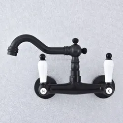 Kitchen Wet Bar Bathroom Vessel Sink Faucet Black Oil Rubbed Brass Wall Mounted Swivel Spout Mixer Tap Dual Ceramic Lever msf753