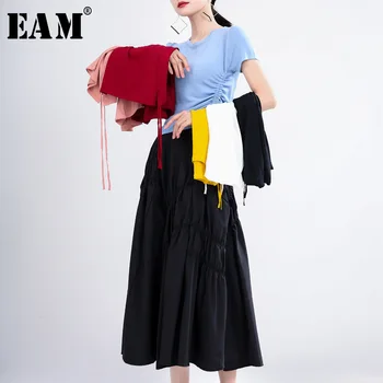 

[EAM] Women Multicolor Blue Drawstring Temperament T-shirt New Round Neck Long Sleeve Fashion Tide Spring Summer 2020 1T139