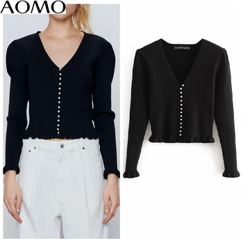 

AOMO women pearl buttons elegant black cardigan jumper lady fashion slim knitted cardigan coat 3H342A