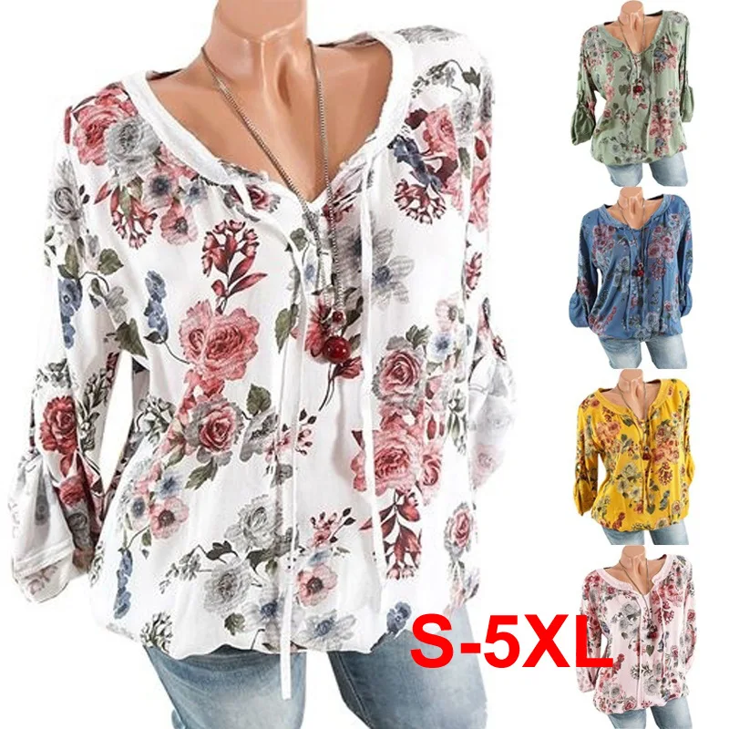 

Long Sleeve T Shirt Women 2019 Autumn Flower Print Strap Chiffon V-Neck Loose Casual Tops Blusas Women Top T-shirt Plus Size S-