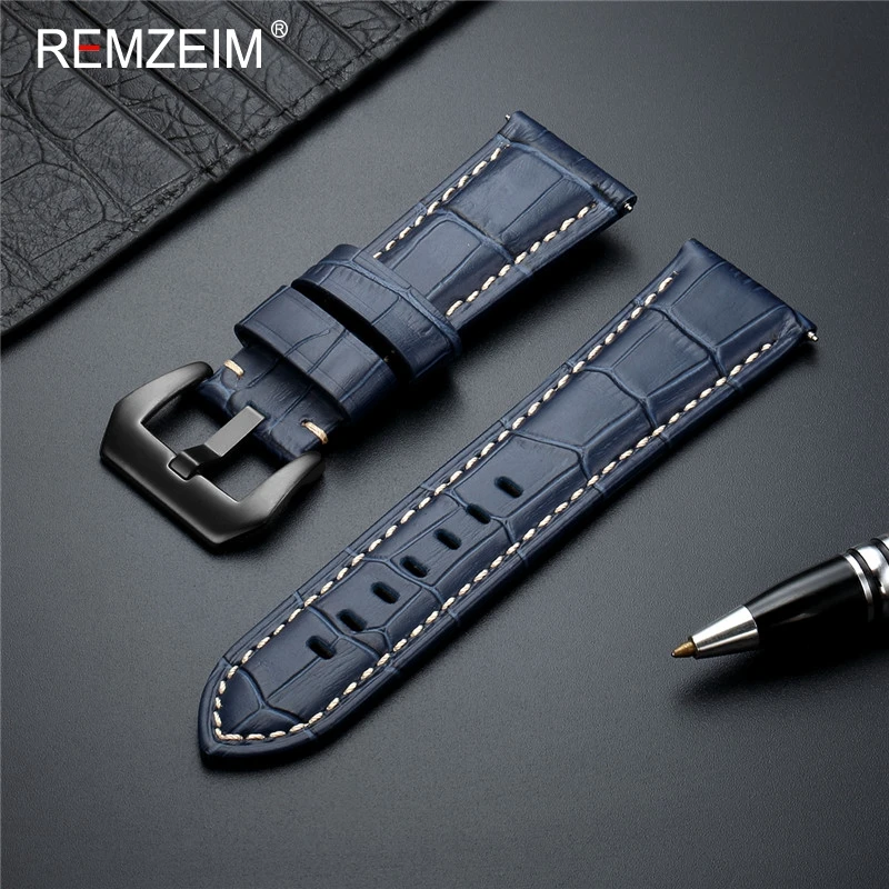 Premium Genuine Leather Watch Band Strap in Blue with Solid Metal Buckle