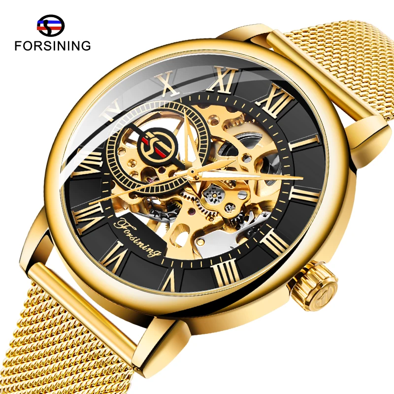 

Luxury Brand FORSINING Men Skeleton Mechanical Watch Transparent Case 3D Logo Engraving Golden Stainless Steel Luminous Clock
