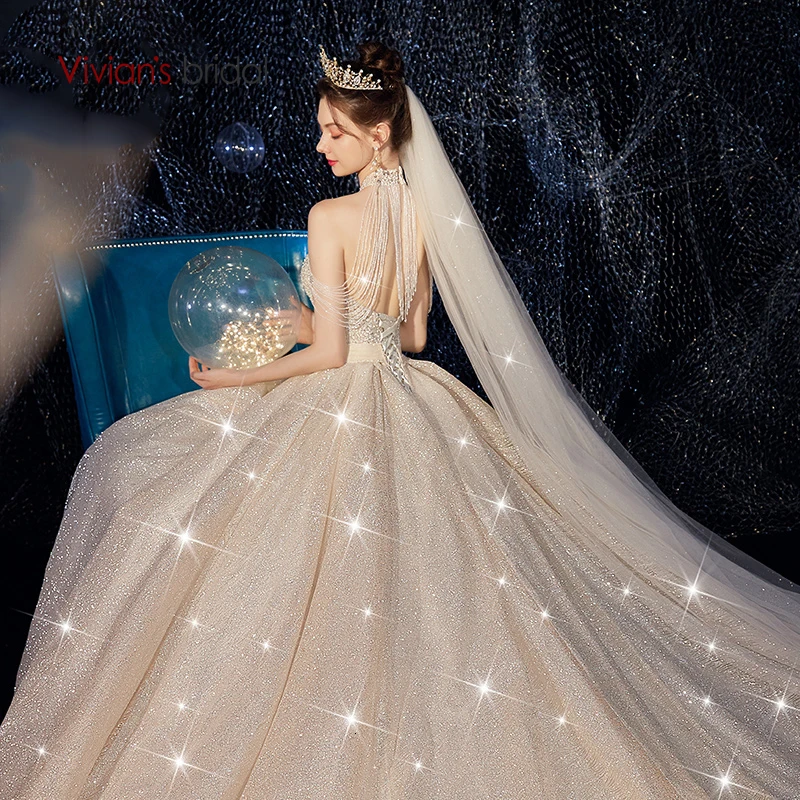 Роскошное блестящее свадебное платье Vivian's для невесты, звездное небо, сексуальное свадебное платье с открытой спиной, бисером, кисточками, блестками, Свадебное бальное платье принцессы