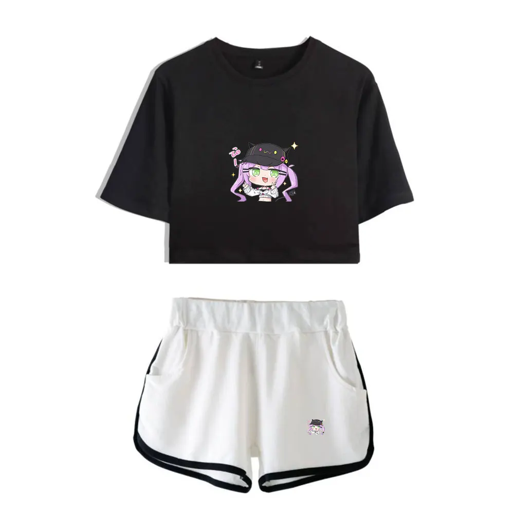 cotton shorts HOLOLIVE Vtuber Tokoyami Towa Print Summer Women/Girl Sets Sexy Short Tops+shorts Elastic Waist Suits Two Piece Sets Kawaii black denim shorts