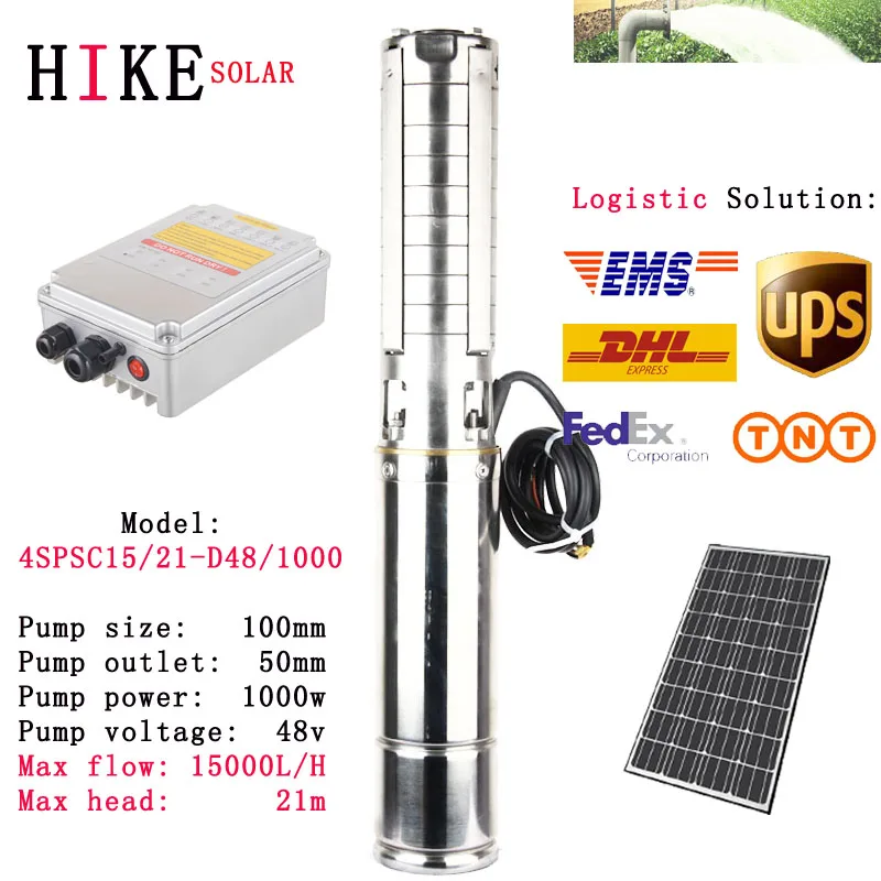 

Hike solar equipment 1000w Max flow 15000 4inch wholesale low cost submersible solar pump for irrigation 4SPSC15/21-D48/1000