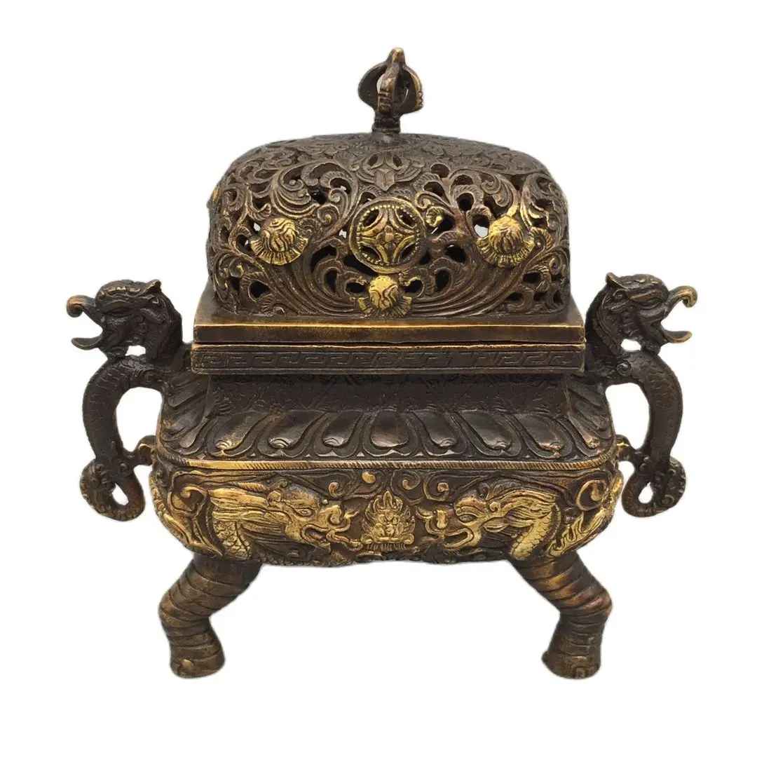 

Chinese Folk Retro Antique Collection Art Crafts From "18th -20th Centuries",Height 15CM,Bronze Gilt , "Dragon" Incense Burner