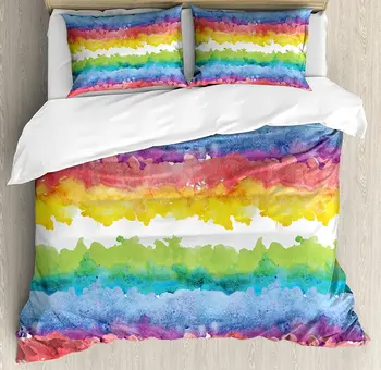 

Watercolor Duvet Cover Set Horizontal Wavy Brushstroke Clouds Queer Rainbow Abstract Creative Kids Theme Bedding Set Multicolor