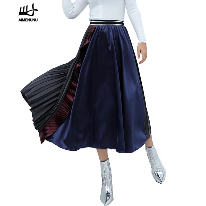 AIMENUNU осенние популярные цветные юбки для женщин эластичные с оборкой, с высокой посадкой лоскутные плиссированные трапециевидные Юбки Женская мода Tide