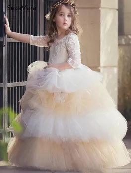 

High Quality Ivory White Flower Girls Dresses Puffy Tulle Lace Top Kids Pageant Gown Birthday Dress Any Size