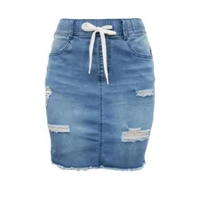 Размера плюс мини Джинсовые юбки тонкий посылка хип большой попой подъемник с джинсовой юбкой Повседневное с эластичной резинкой на талии, рваные юбка Для женщин синие джинсы юбка